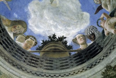 Occulus van het plafond van het Huis van Echtgenoten, Hertogelijk Paleis van Mantua, Italië (Camera degli Sposi, Palazzo Ducale, Mantova): detail van allegorische figuren en putti. Fresco door Andrea Mantegna (1431-1506) door Andrea Mantegna