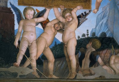 Putti met vlindervleugels die een toewijdingsplaquette vasthouden (detail) door Andrea Mantegna