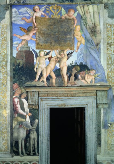 Putti met vlindervleugels die de dedicatieplaat ondersteunen, met jachthonden en hun begeleiders (detail) door Andrea Mantegna