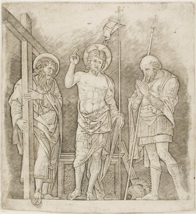 Verrezen Christus tussen de heiligen Andreas en Longinus door Andrea Mantegna