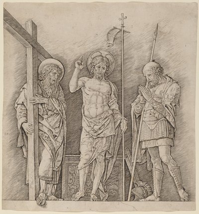 Verrezen Christus tussen Sint Andreas en Longinus door Andrea Mantegna