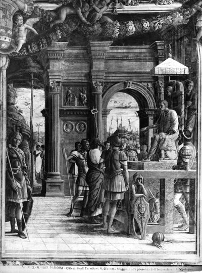 St. Jacobus de Meerdere voor koning Herodes Agrippa (detail) door Andrea Mantegna
