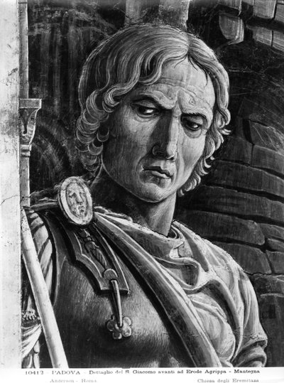 Sint Jacobus de Meerdere voor koning Herodes Agrippa, detail van een soldaat door Andrea Mantegna
