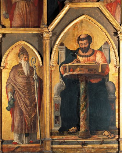 St. Lucas aan zijn bureau en St. Prosdocimus, (detail) door Andrea Mantegna