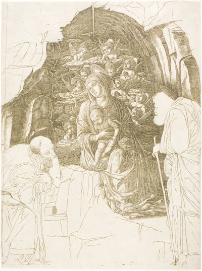 De aanbidding der wijzen (Maagd van de Grot) door Andrea Mantegna