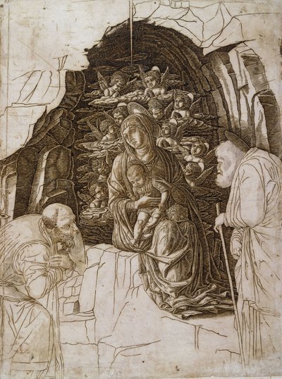 De Aanbidding der Wijzen: De Maagd in de Grot, c.1475-80 door Andrea Mantegna