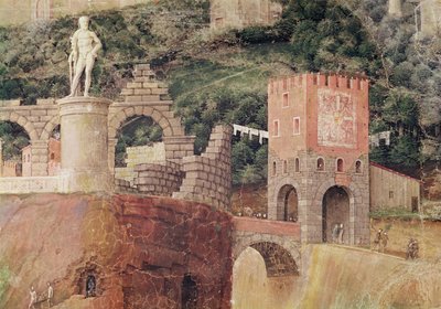 De aankomst van kardinaal Francesco Gonzaga, detail van de achtergrond met een geïdealiseerd uitzicht op Rome, ca. 1465-74 (detail) door Andrea Mantegna