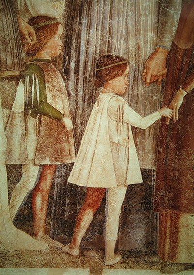 De aankomst van kardinaal Francesco Gonzaga, begroet door zijn vader Marchese Ludovico Gonzaga III en zijn broers, detail van de Gonzague kinderen, ca. 1465-74 (detail) door Andrea Mantegna