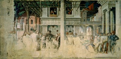 Het martelaarschap en transport van het onthoofde lichaam van Sint Christoffel, ca. 1448-57 door Andrea Mantegna