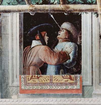 Het Martelaarschap van St. Christoffel, detail van een man door het oog geschoten met een pijl, c.1450-56 door Andrea Mantegna