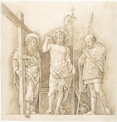 De Verrezen Christus tussen de heiligen Andreas en Longinus door Andrea Mantegna