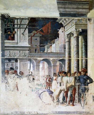 Transport van het onthoofde lichaam van Sint Christoffel, detail uit Martelaarschap van Sint Christoffel door Andrea Mantegna
