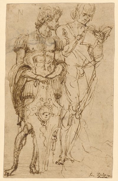 Twee staande mannelijke figuren (recto); Een liggende man en andere studies (verso) door Andrea Mantegna