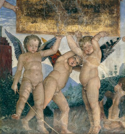Gevleugelde cherubijnen die de opdrachtplaat vasthouden (detail) door Andrea Mantegna