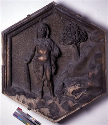 Kaïn en Abel, zeshoekige decoratieve reliëftegel uit een serie die episodes uit Genesis illustreert, mogelijk gebaseerd op ontwerpen van Giotto, c.1334-48 door Andrea Pisano