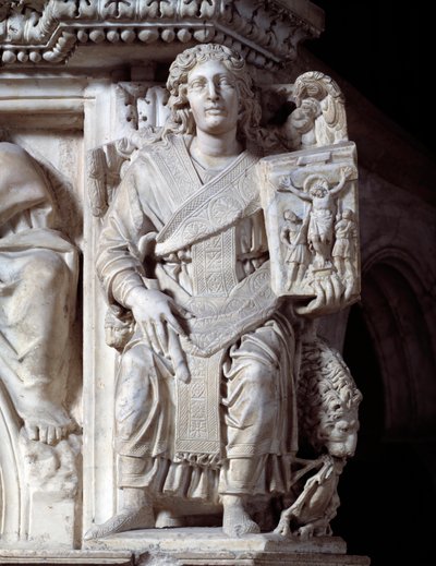 Gotische kunst: De aartsengel Michaël met een tablet met kruisiging door Andrea Pisano