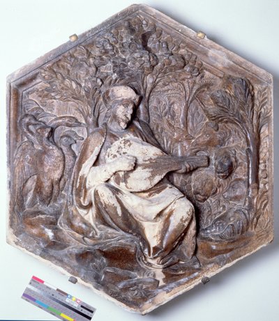 Poëzie, zeshoekige decoratieve reliëftegel uit een serie die de Zeven Vrije Kunsten uitbeeldt, mogelijk gebaseerd op ontwerpen van Giotto, ca. 1334-48 door Andrea Pisano