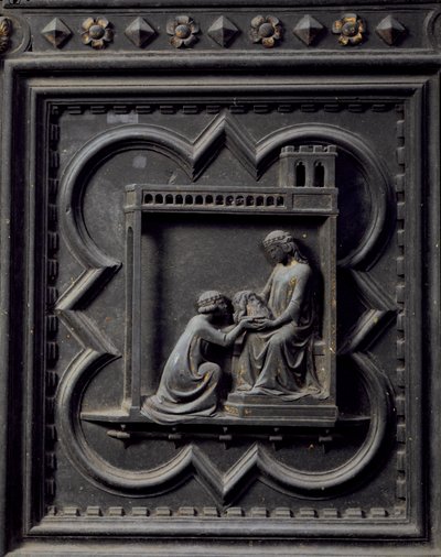 Salome Brengt het Hoofd van St. Johannes de Doper naar haar Moeder Herodias, Vrouw van Herodes, achttiende paneel van de Zuiddeuren van de Baptisterium van San Giovanni, 1336 door Andrea Pisano