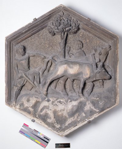De kunst van de landbouw, zeshoekige decoratieve reliëftegel uit een serie die de beoefenaars van de kunsten en wetenschappen uitbeeldt, mogelijk gebaseerd op ontwerpen van Giotto (ca. 1266-1337) ca. 1334-1348 door Andrea Pisano