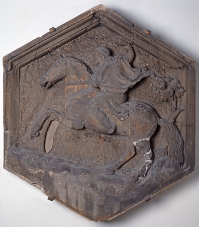 De Kunst van het Jagen, hexagonale decoratieve reliëftegel uit een serie die de beoefenaars van de Kunsten en Wetenschappen uitbeeldt, mogelijk gebaseerd op ontwerpen van Giotto, ca. 1334-48 door Andrea Pisano