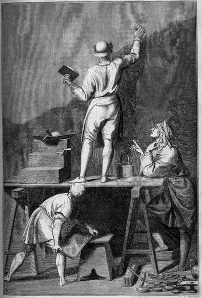 Voorbereiding van het gips voor een fresco schilderij (affresco). Tekening door Chevignard naar Andrea Pozzo. door Andrea Pozzo