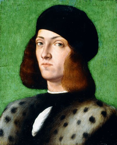 Portret van een jonge Heer, borstbeeld, met een zwarte pet en zwarte jas, 1506 door Andrea Previtali