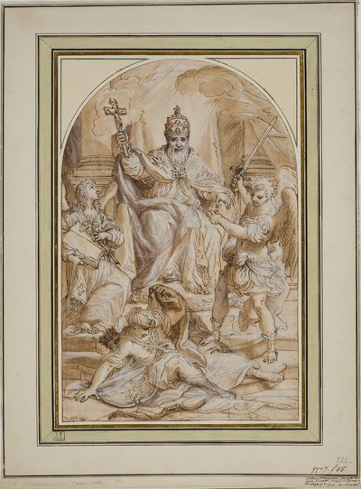 Een paus op de troon geflankeerd door een engel met een boek en Sint-Michiel die een Turk doodt door Andrea Proccaccini