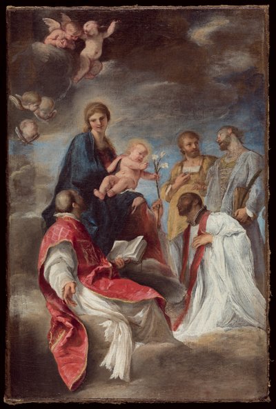 De Madonna en Kind met Heiligen Ignatius van Loyola, Franciscus Xaverius, Cosmas en Damianus door Andrea Sacchi