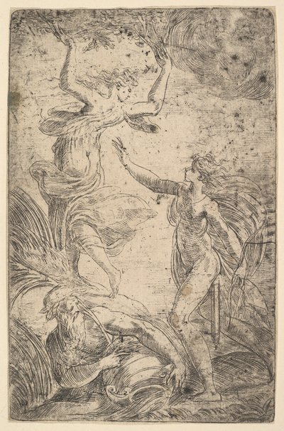 Apollo rechts met een boog die Daphne achtervolgt door Andrea Schiavone