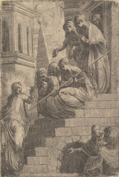 Christus spreekt een groep vrouwen toe die zitten en staan op trappen, ca. 1541-44 door Andrea Schiavone