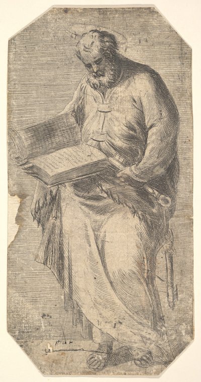 Sint Petrus met een groot open boek, sleutels aan zijn zijde, uit 