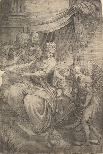 De Heilige Familie, een engel die bloemen vasthoudt nadert van rechts door Andrea Schiavone