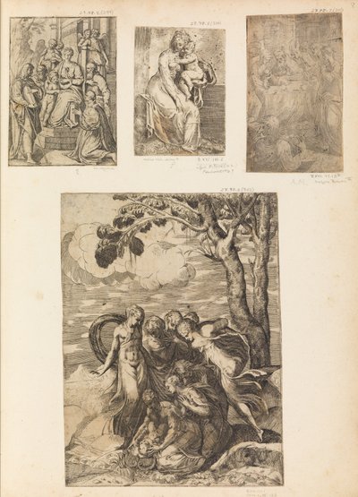 Maagd en Kind, de Besnijdenis, Mozes gered uit de Nijl, ca. 1542-46 door Andrea Schiavone