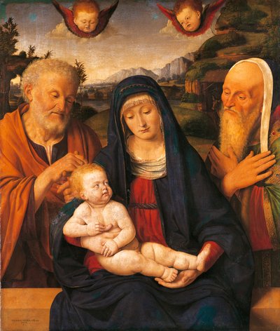 Madonna en Kind met Heiligen Jozef en Simeon door Andrea Solario (1470-1524), tempera en olie op paneel, overgebracht op doek door Andrea Solario