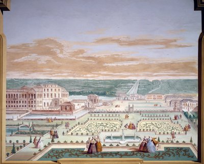Perspectieftekening van een villa en imaginaire tuin, fresco door Andrea Urbani (1711-1798) in Villa Pisani, Stra, Veneto, Italië door Andrea Urbani
