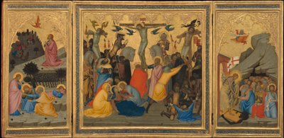 Scènes uit de passie van Christus: De doodsangst in de tuin, de kruisiging en de afdaling in de limbo (gehele drieluik) door Andrea Vanni