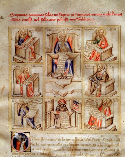 Voorstelling van de kerkvaders: Sint Jan, Sint Ambrosius van Milaan, Sint Hiëronymus, Sint Gregorius de Grote en Sint Paulus in 