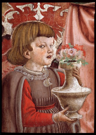 Maagd en Kind met twee engelen, Sint Johannes de Doper en een andere heilige, en twee kinderen van de Pazzi-familie (detail) door Andrea del Castagno