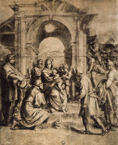Aanbidding der Wijzen, tekening door Andrea del Sarto. Gabinetto dei Disegni e delle Stampe, Uffizi, Florence door Andrea del Sarto