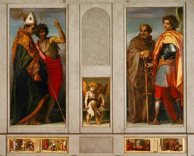 Altaarstuk met de vier heiligen: de aartsengel, Michael, Johannes Gualberto, Bernardus en Johannes de Doper, 1528 door Andrea del Sarto