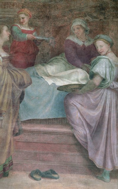 Dames in afwachting, detail van de geboorte van de Maagd door Andrea del Sarto