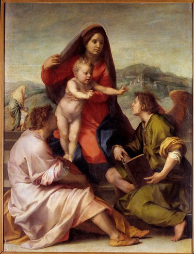 Madonna della Scala. Heilige familie met een engel. 1522-1523 Madrid, Prado Museum door Andrea del Sarto