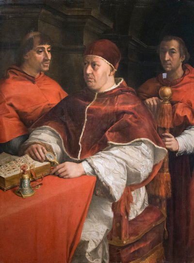 Portret van paus Leo X met twee kardinalen door Andrea del Sarto