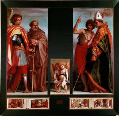 Heiligen Michael, Johannes Gualbert, Johannes de Doper, Bernardo degli Uberti. Predelle van de Vier Heiligen. Schilderij door Andrea del Sarto (Andrea d