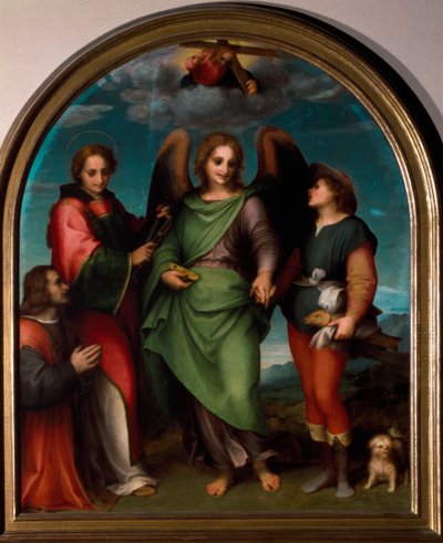 De aartsengel Rafaël, Sint Leonard, Tobie en de sponsor knielend door Andrea del Sarto