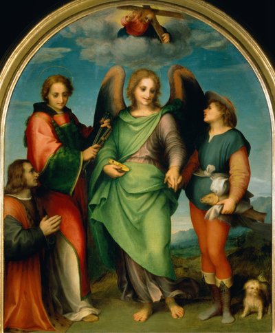De aartsengel Rafaël met Tobias, St. Laurentius en de schenker, Leonardo di Lorenzo Morelli door Andrea del Sarto