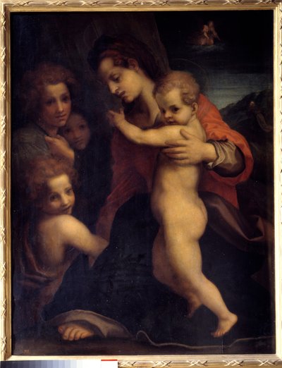 De Maagd, het Kind Jezus, Sint Jan en Twee Engelen Schilderij door Andrea del Sarto (1486-1531) 16e eeuw door Andrea del Sarto