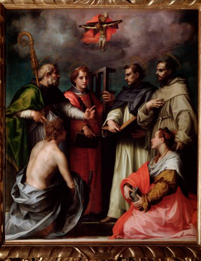 De disputatie van de Heilige Drie-eenheid, met St. Petrus, St. Laurentius, St. Augustinus van Hippo, St. Franciscus, St. Sebastiaan, St. Maria Magdalena door Andrea del Sarto
