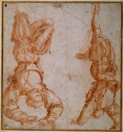 Twee studies van een man opgehangen aan zijn linkerbeen door Andrea del Sarto