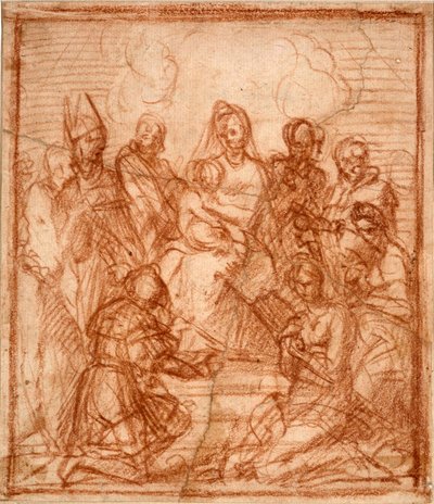 Enthroned Madonna met Kind en acht heiligen (compositiestudie) door Andrea del Sarto